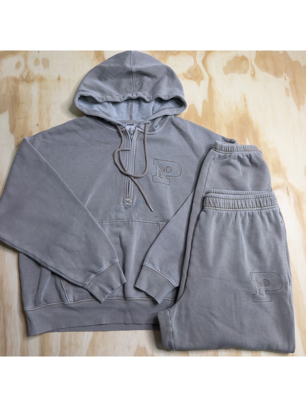Pink Campus Fleece Half Zip Hoodie And Matching Joggers Set Washed Brown Size M